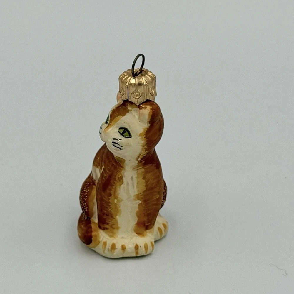VTG Glass Cat Christmas Ornament Brown White Green Eyes Glitter Kitty 2